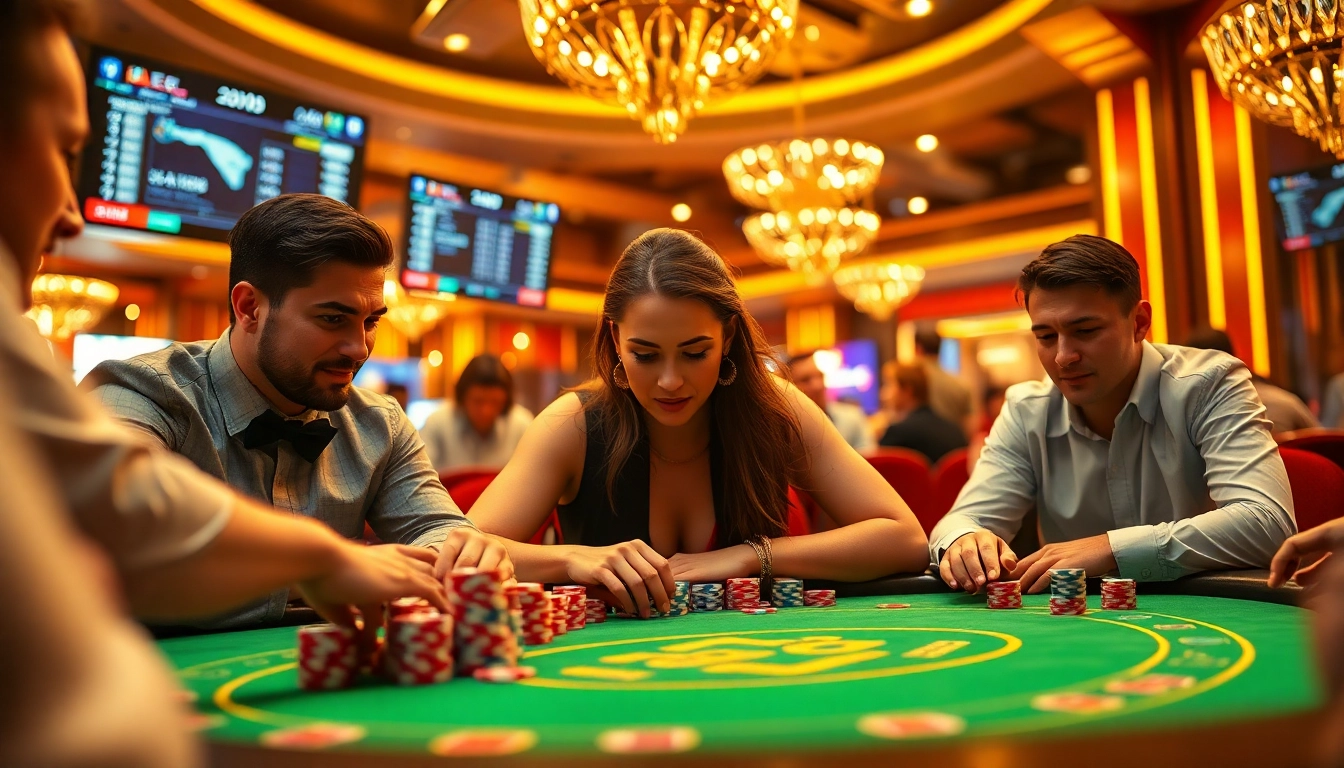 Players at an e28 poker table, immersed in thrilling gameplay and vibrant casino atmosphere.