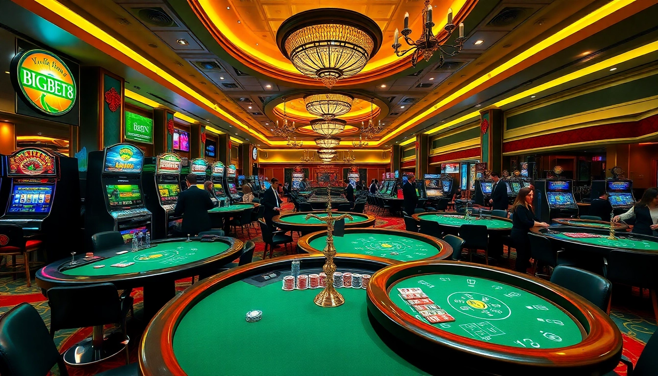 Engaged players at Nhà cái BIGBET88 enjoying a thrilling casino atmosphere with roulette and slot machines.