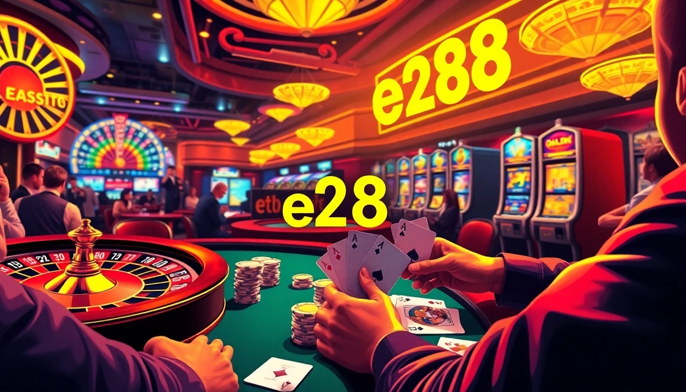 Exciting casino scene with players at poker tables, featuring a winning hand of e28 chips.