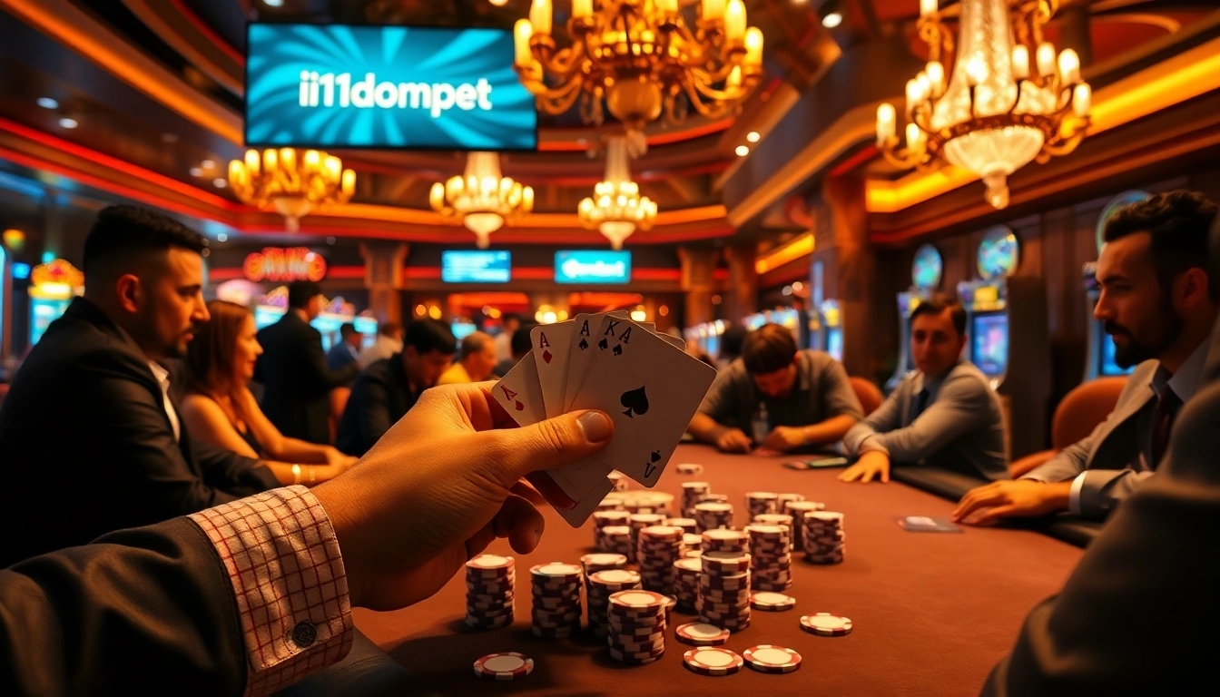 Players betting at a high-stakes poker table in a casino, showcasing i1dompet branding.