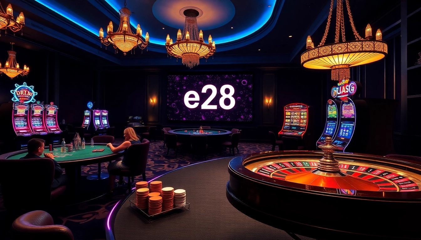 Experience the thrill of gambling at e28's luxury casino with players enjoying poker and roulette in a vibrant atmosphere.