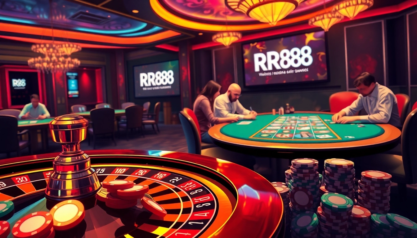 RR88 casino scene with poker players, roulette wheel, and vibrant atmosphere.