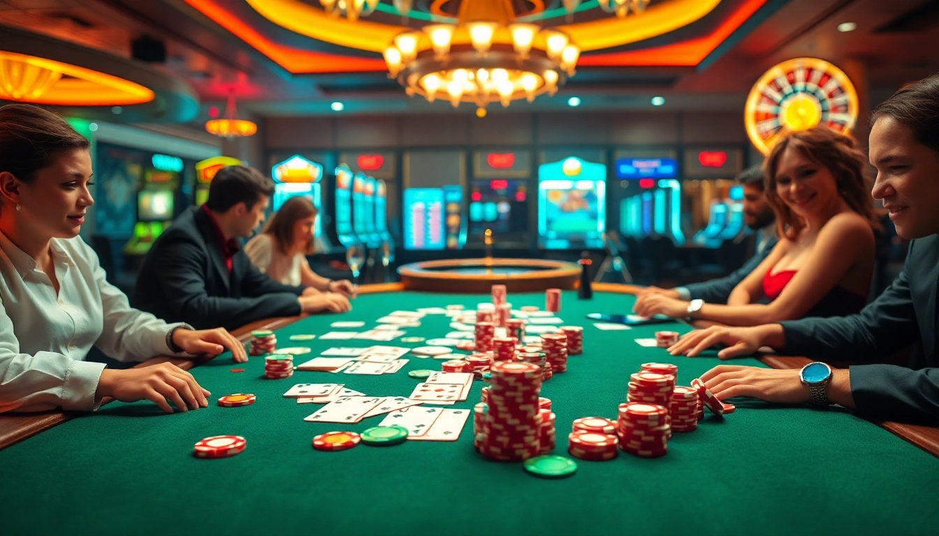Exciting poker action at a vibrant casino setting with qq88 com branding, showcasing players and tables.