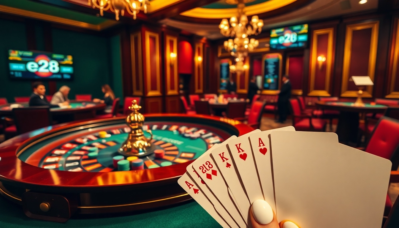 A thrilling casino scene showcasing players at a roulette table, with e28 bets visualized, capturing the excitement of gambling action.