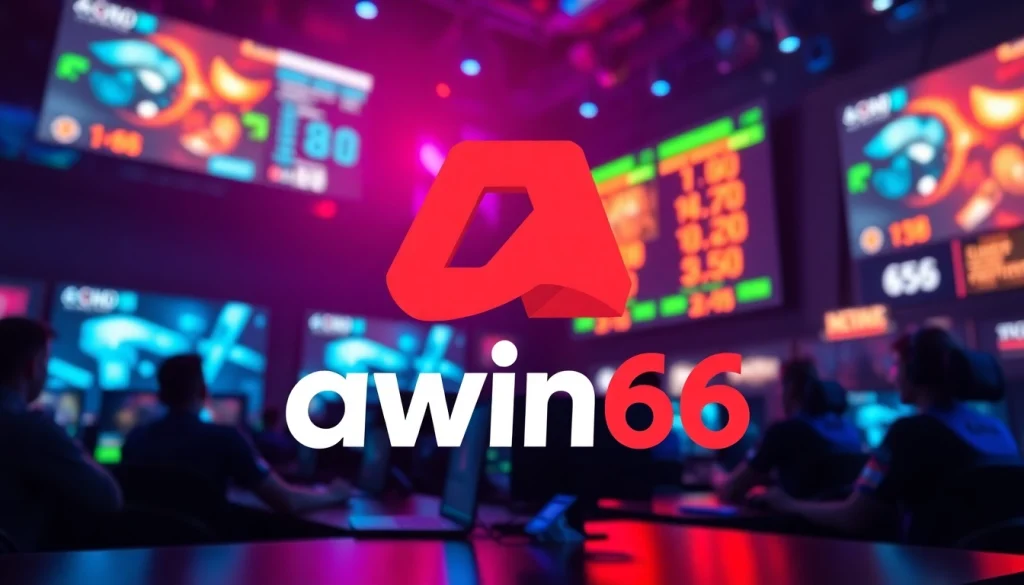 Showcasing the awin66 logo in a vibrant gaming arena filled with energetic competition.