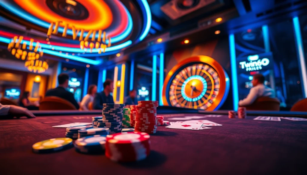 Experience the thrill of Twin68 as players engage in high-stakes poker under vibrant casino lights.