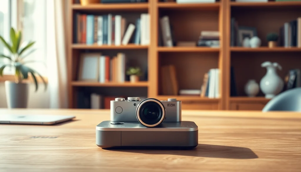Capture a sleek mini caméra on a desk amidst an organized workspace setting.