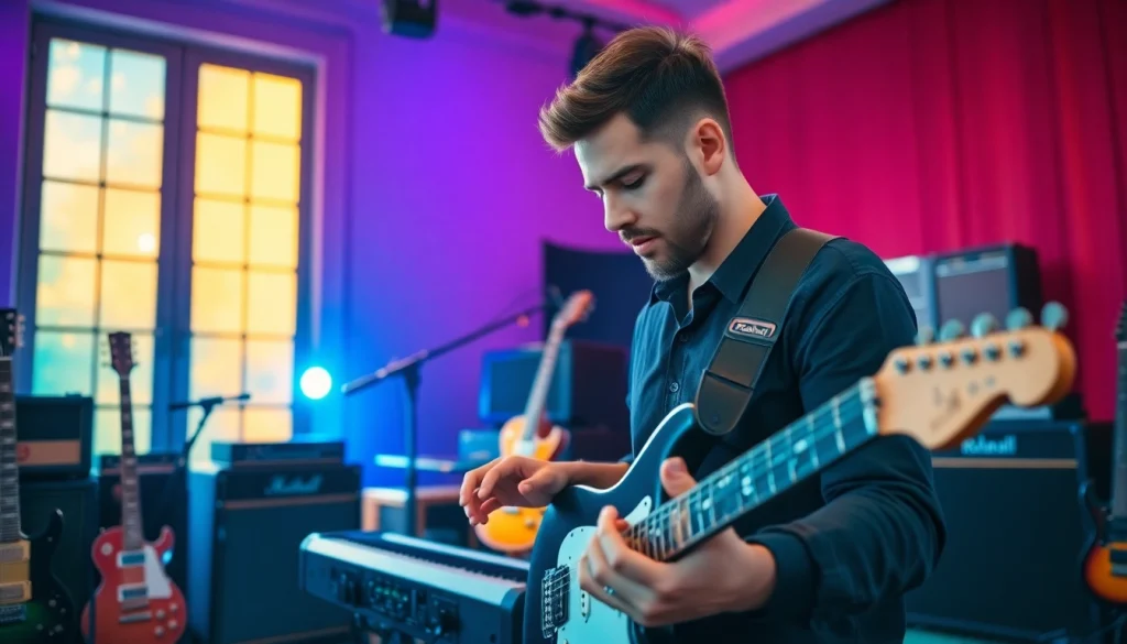 Engaged musician using a VG99 guitar modeling system in a vibrant studio setting.