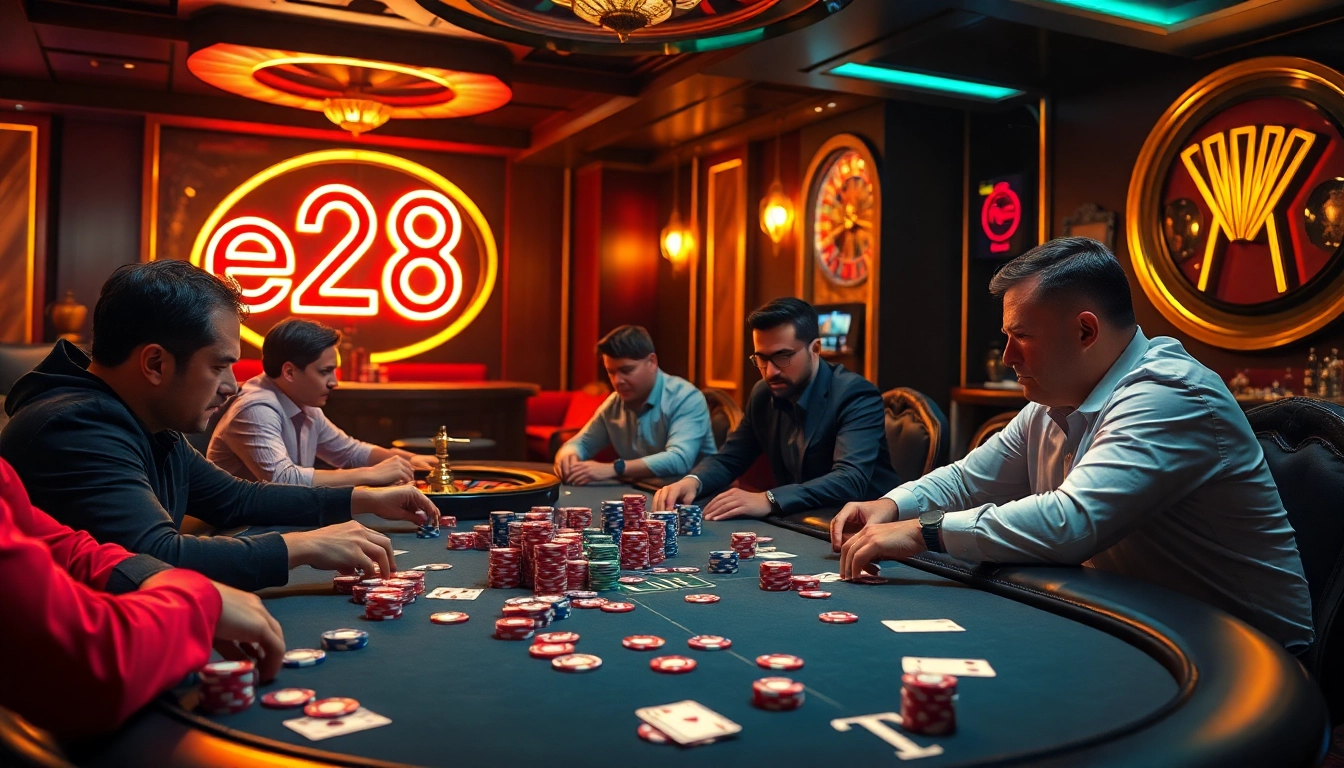 Experience the thrill of e28 poker action, showcasing players and vibrant casino elements.