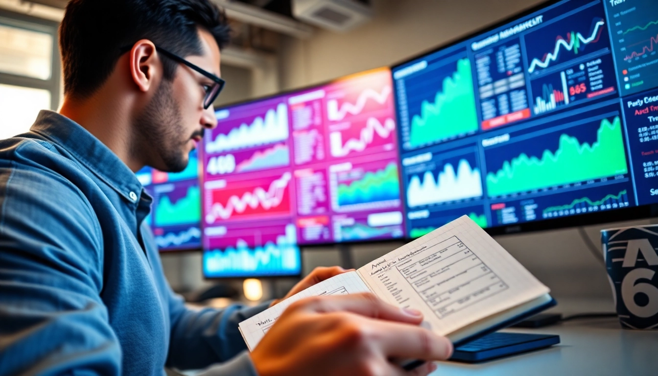 Analyze Awin66 marketing data in a professional workspace with vibrant screens and graphs.