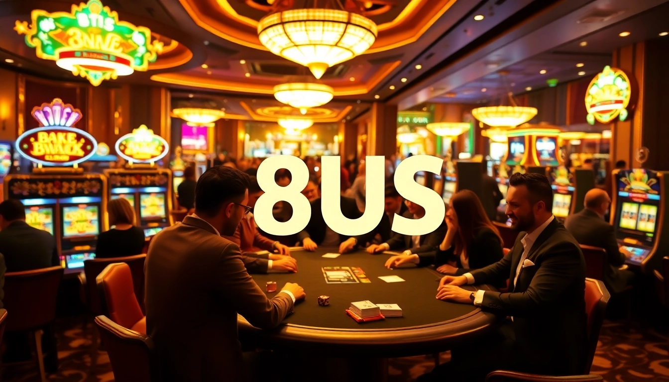 Explore the excitement of a dynamic casino scene featuring players at poker tables, with the brand 8US highlighted in the environment.