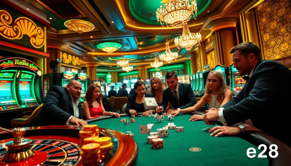 Experience the thrill of e28 casino gaming with players at an exciting poker table under bright lights.