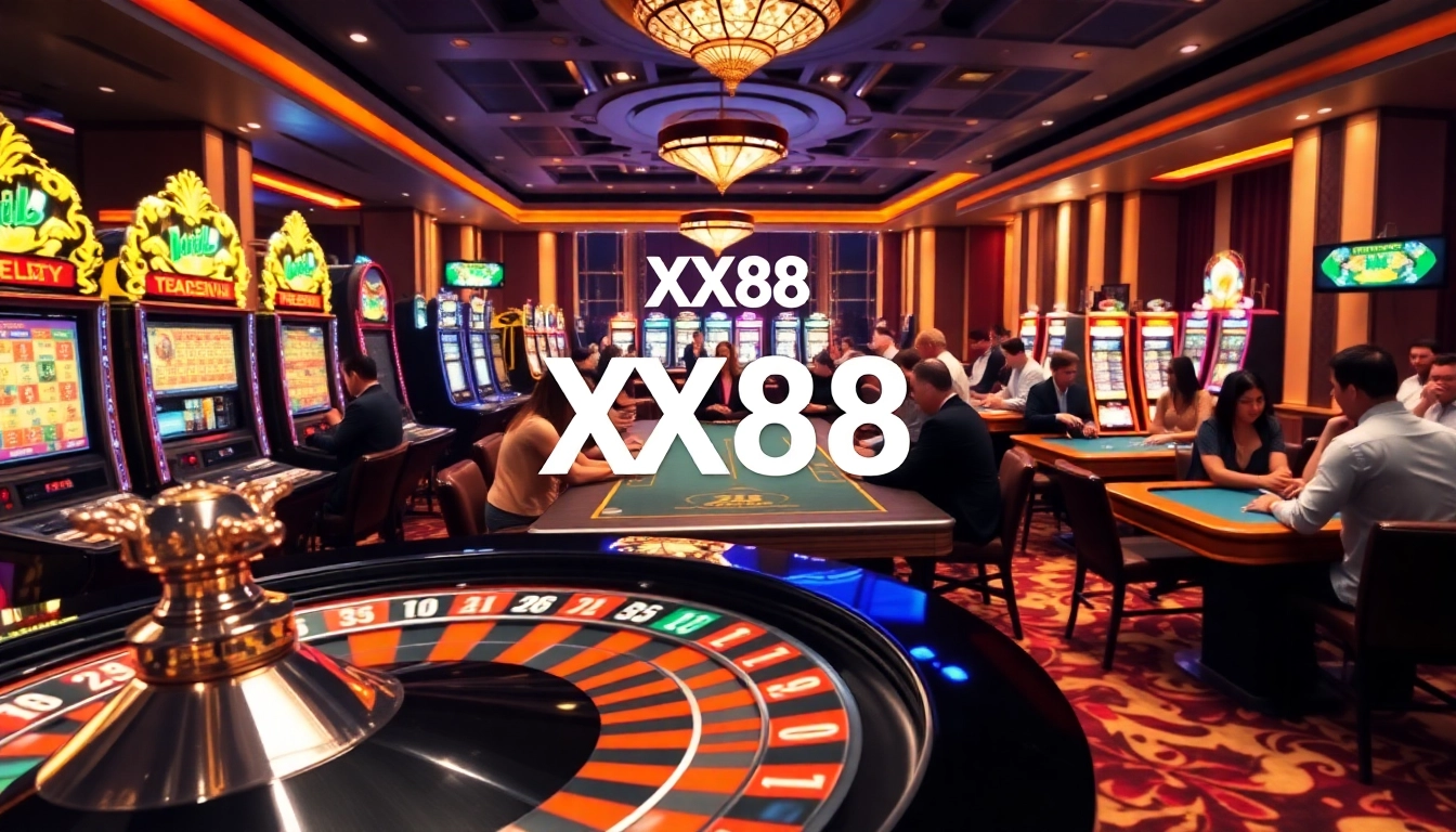 Experience the thrill of gambling at XX88 with vibrant casino scenes filled with players, roulette, and slot machines.