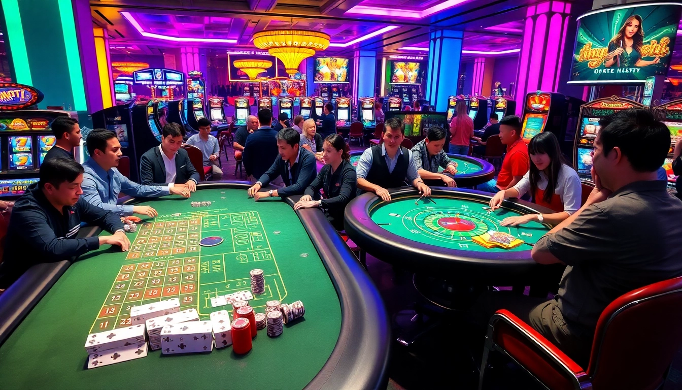 Immerse in the excitement of gambling at https://hz88.my/ with players enjoying vibrant casino tables and slot machines.