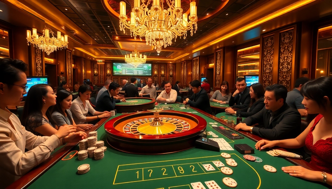 HZ88-themed casino scene showcasing players enjoying poker and roulette in a luxurious lounge.