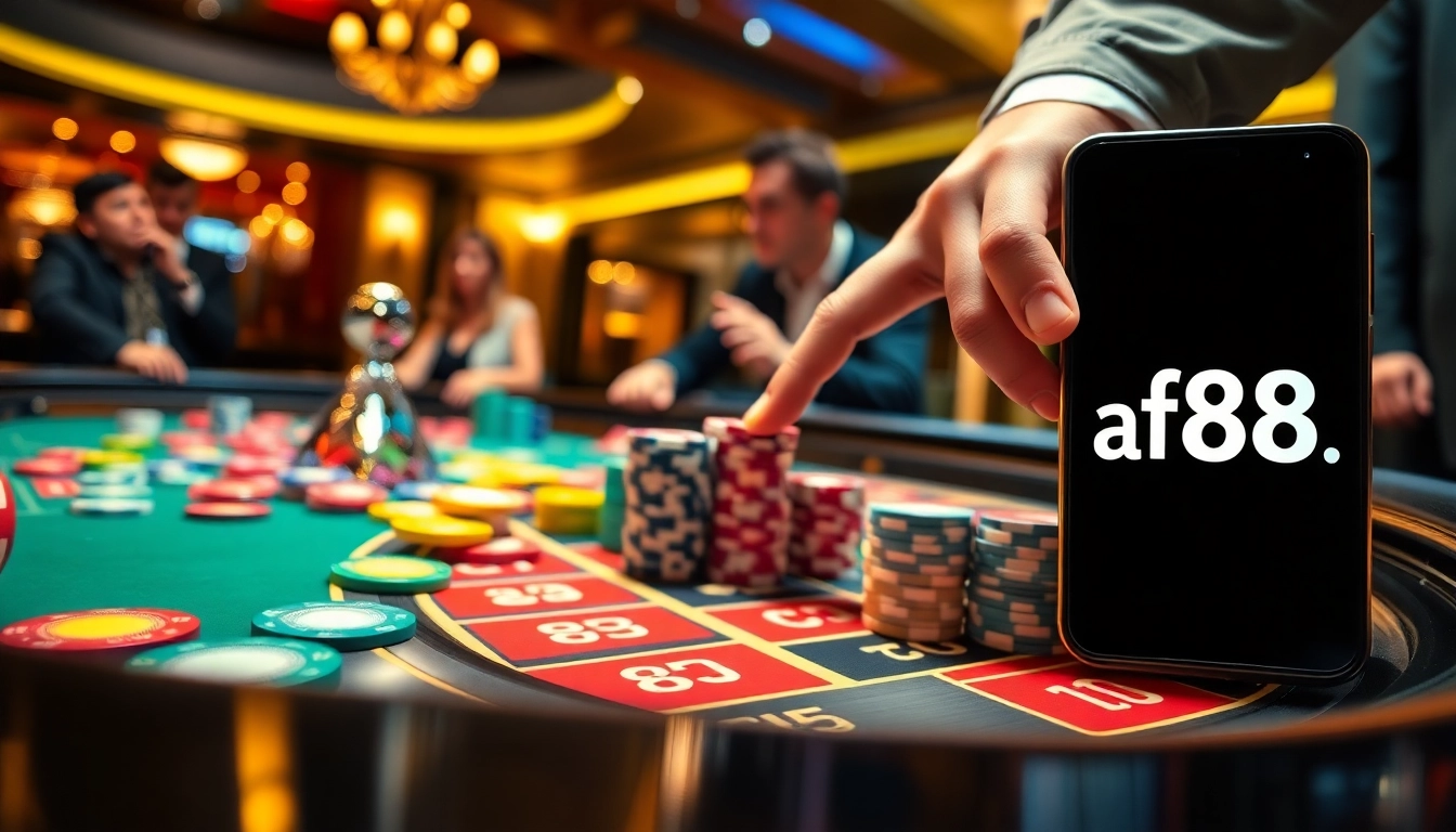 Exciting casino scene featuring chips and roulette, promoting https://af88.mba/ for online gaming enthusiasts.