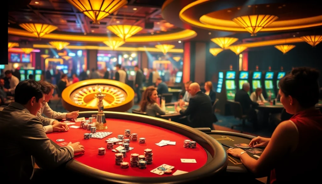 Experience the excitement of high-stakes gambling at https://63b.biz/, featuring players at vibrant poker and blackjack tables surrounded by flashing casino lights.