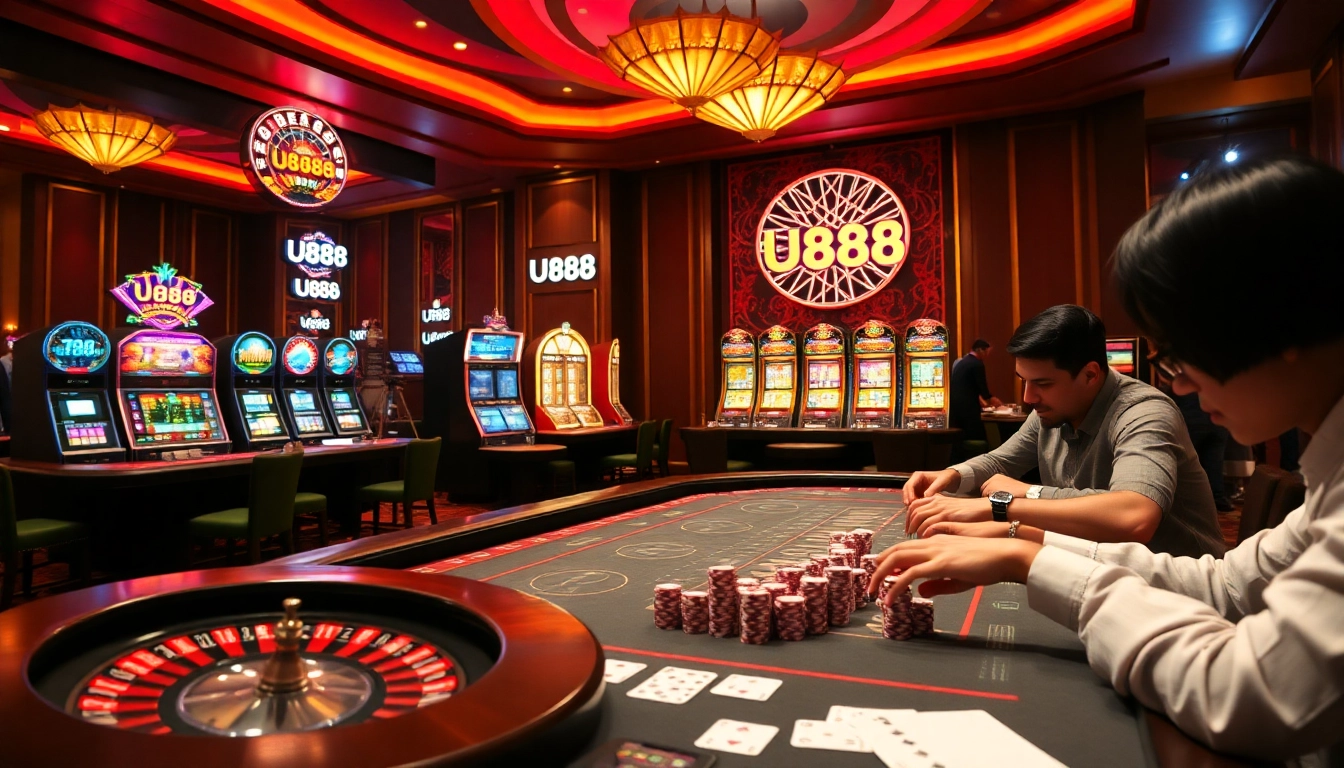 U888 casino scene featuring lively players at poker tables with vibrant slot machines and roulette wheels.