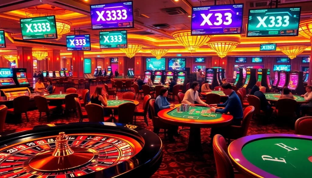 X333 highlights a thrilling casino experience where players enjoy poker and roulette games under vibrant lights.