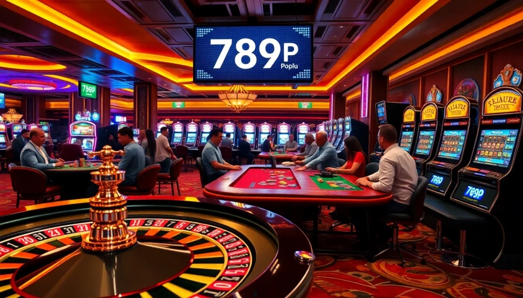 Gamblers enjoying a thrilling casino experience at tables and machines featuring the 789P jackpot promotions.