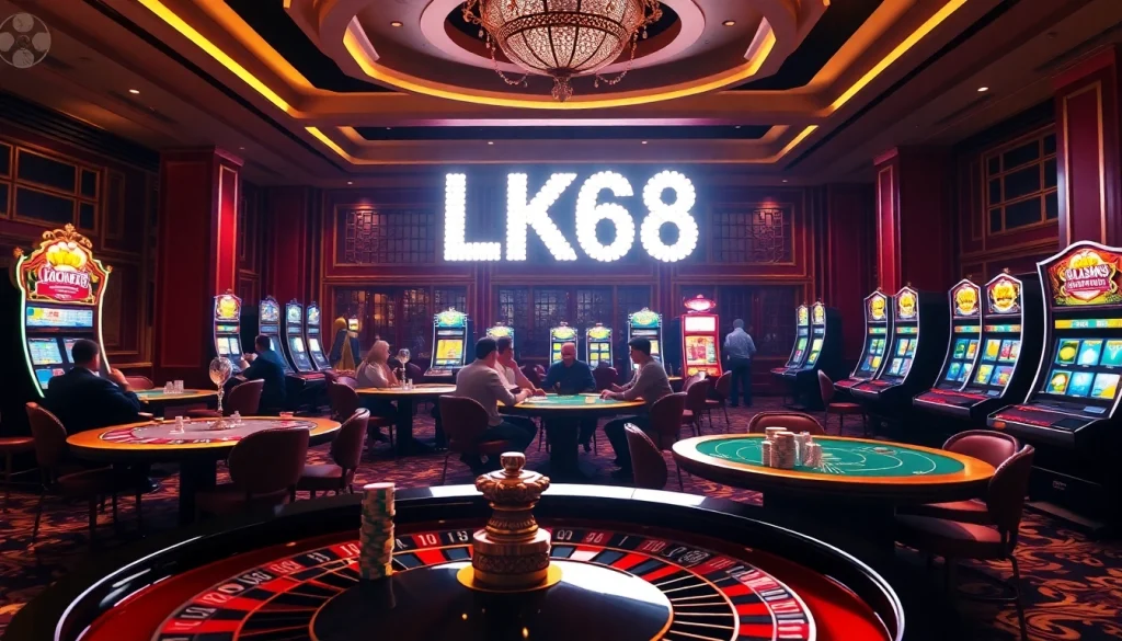 Experience thrilling casino action at LK68 with lively games like blackjack and roulette, showcasing vibrant poker chips and luxurious decor.